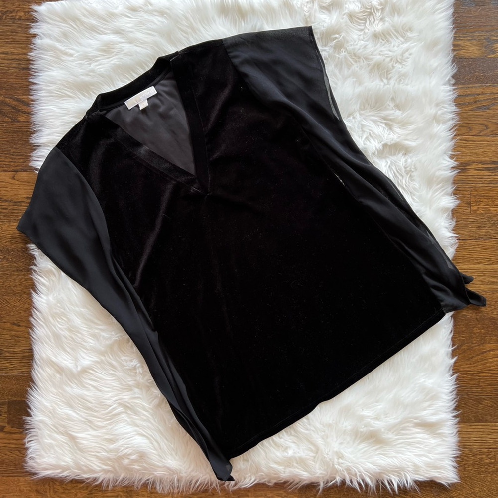 Michael Kors Womens Velvet Blouse Black Batwing Short Sleeve V Neck Stretch S